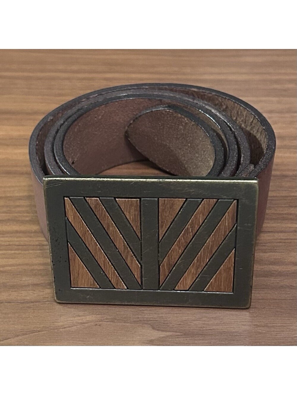 Levis Genuine Leather Belt Brown Wood Inlay Buckle Size 34/35 Rustic Style